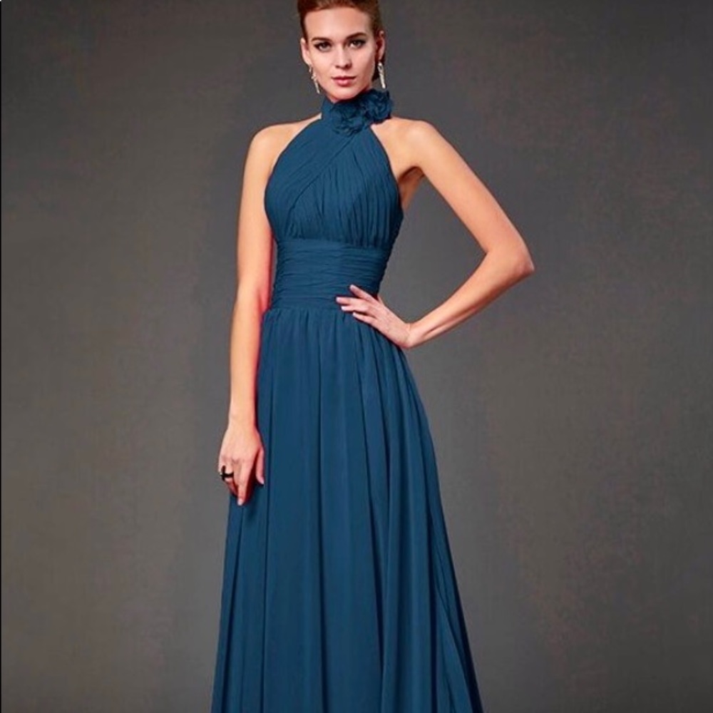 Navy Blue Chiffon Halter Sweep/Brush Train Bridesmaid or Prom Dress